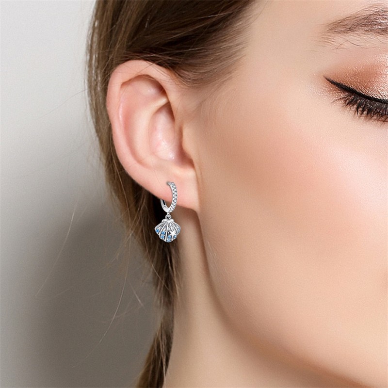 PANDACH 925 Sterling Silver CZ Accents Ocean Shell Drop Hoop Earrings For Women
