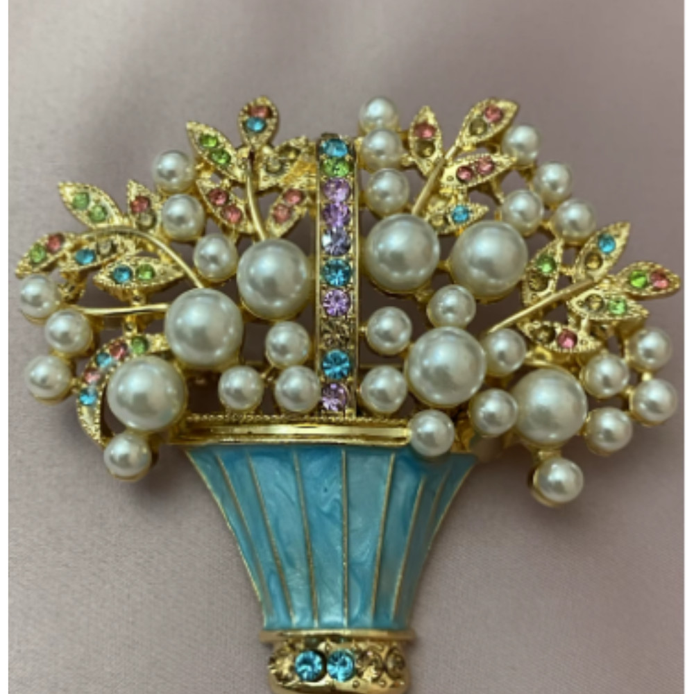 Vintage Easter Spring Flower Basket Brooch Sparkling Rhinestone Pin Jewelry Gift
