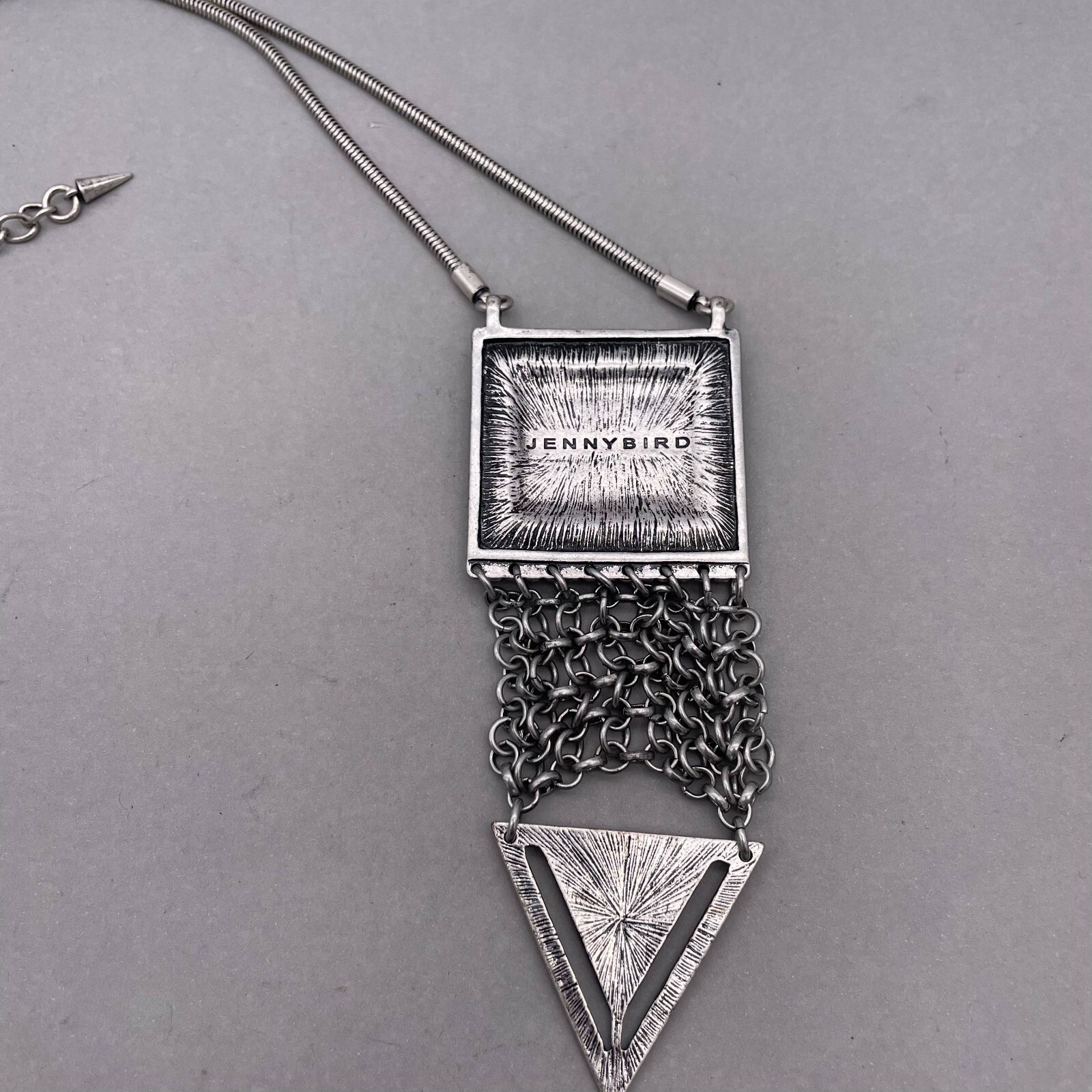 Jenny Bird Silvertone Snake Chain with Large Geometric Statement Necklace 30-32