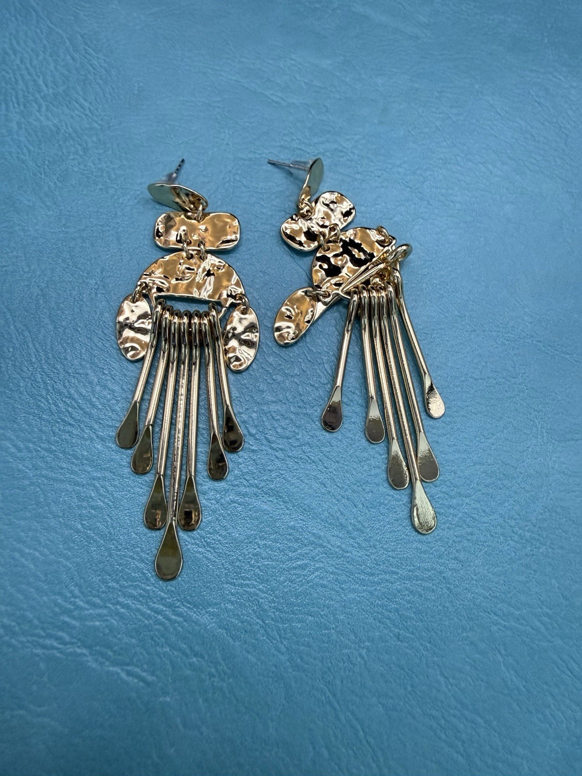 Gold Tone Hammered Dangle Drop Earrings Metal Butterfly Closure 9.1cm 2.3cm