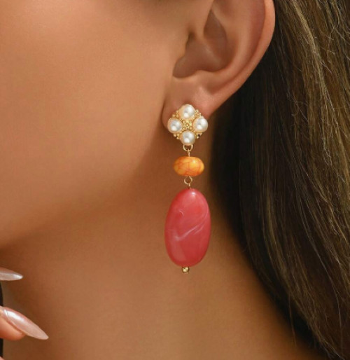 White White Pearl Resin Stud Earrings Drop Dangle Pink Orange Faux Stone & Pearl