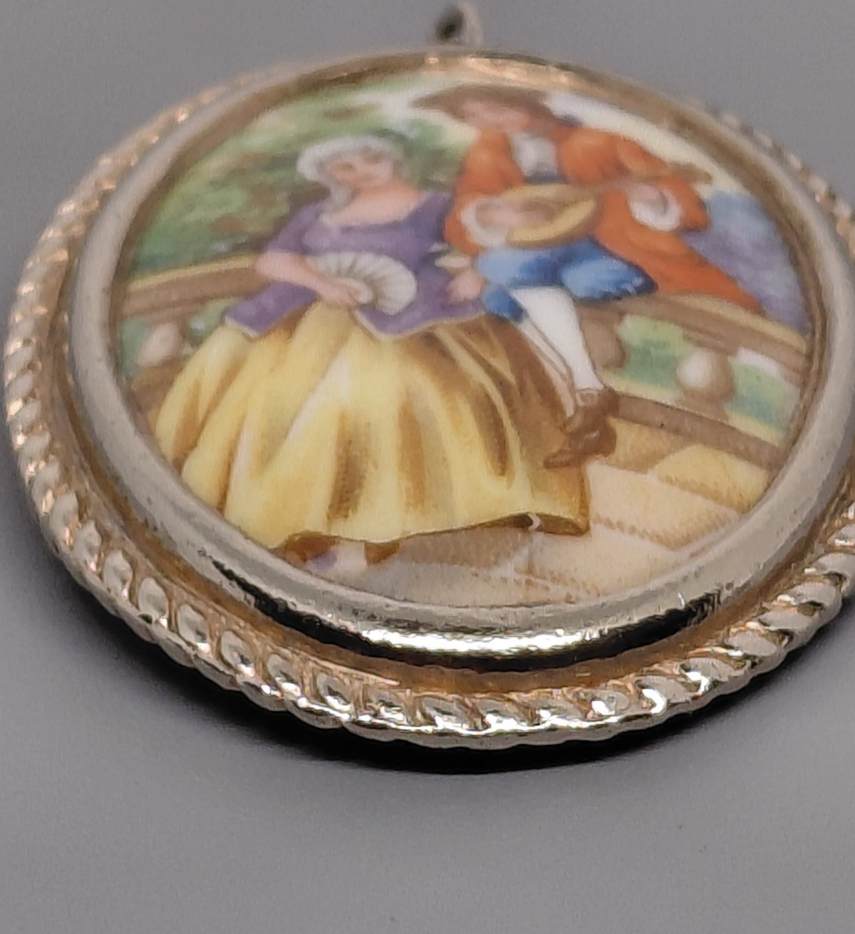 Vintage Limoges France Porcelain Pendant Romantic Courting Scene Oval