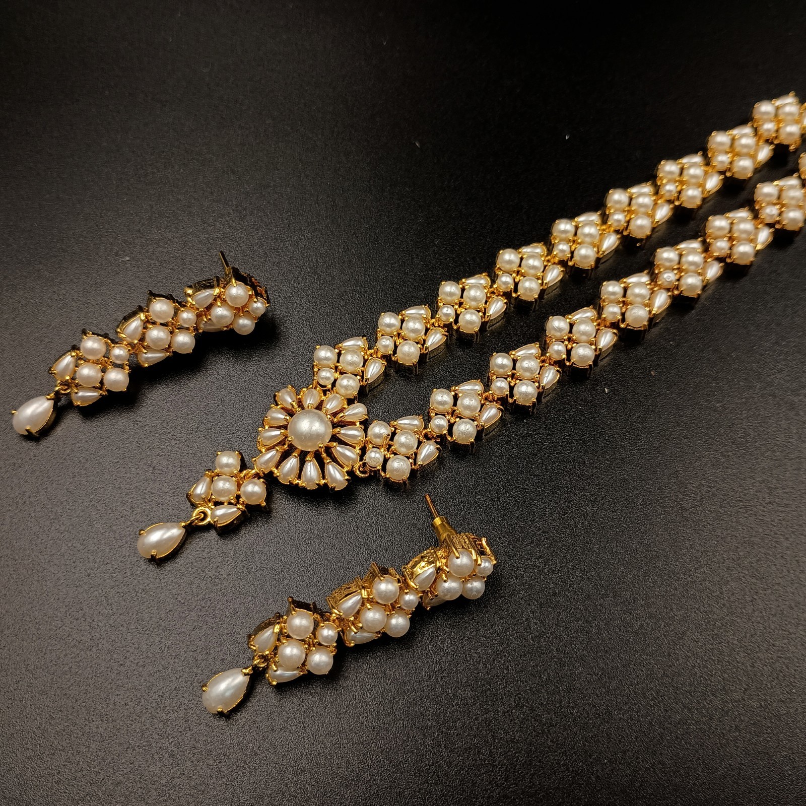 Vintage 22K Gold Plated Pearl Necklace Set Traditional Ethnic Statement Sets