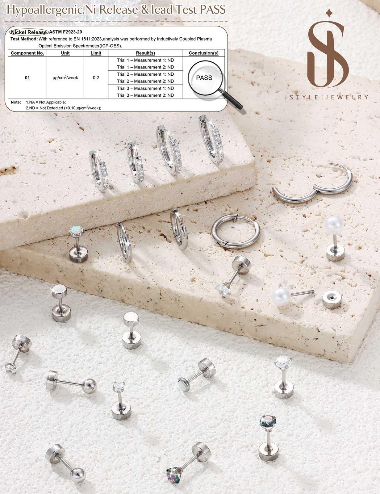 Jstyle Hypoallergenic Silver Stud Hoop Earrings for 6mm x 5mm, Tone