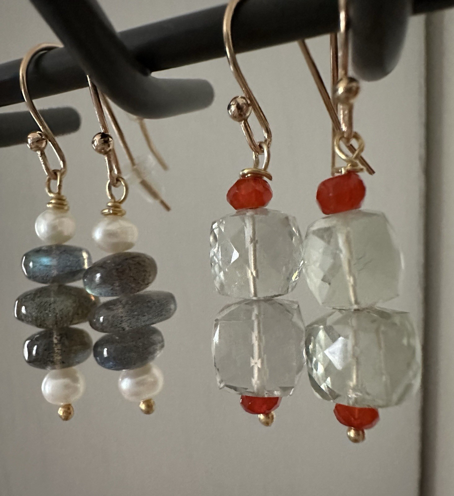New Handmade 925 Sterling Silver Gold Plated Gray Labradorite & Pearl Earrings