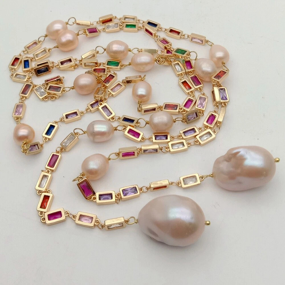1Pcs Freshwater Baroque Pearl Mixed Color Rectangle Cz Pave Long Chain Necklace