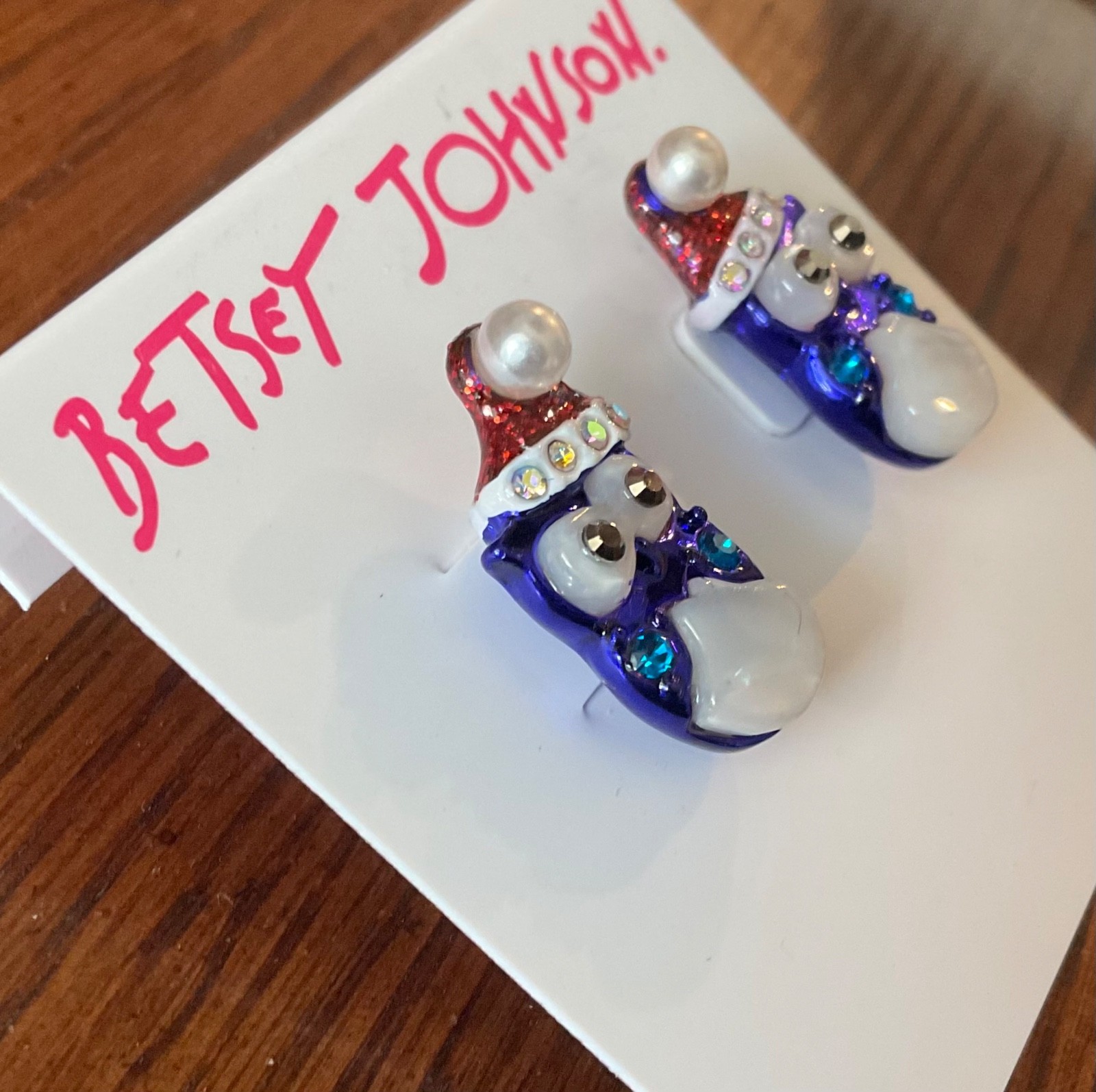 Betsey Johnson Blue Christmas Owl with Santa Hat Earrings Post Stud Faux Pearl