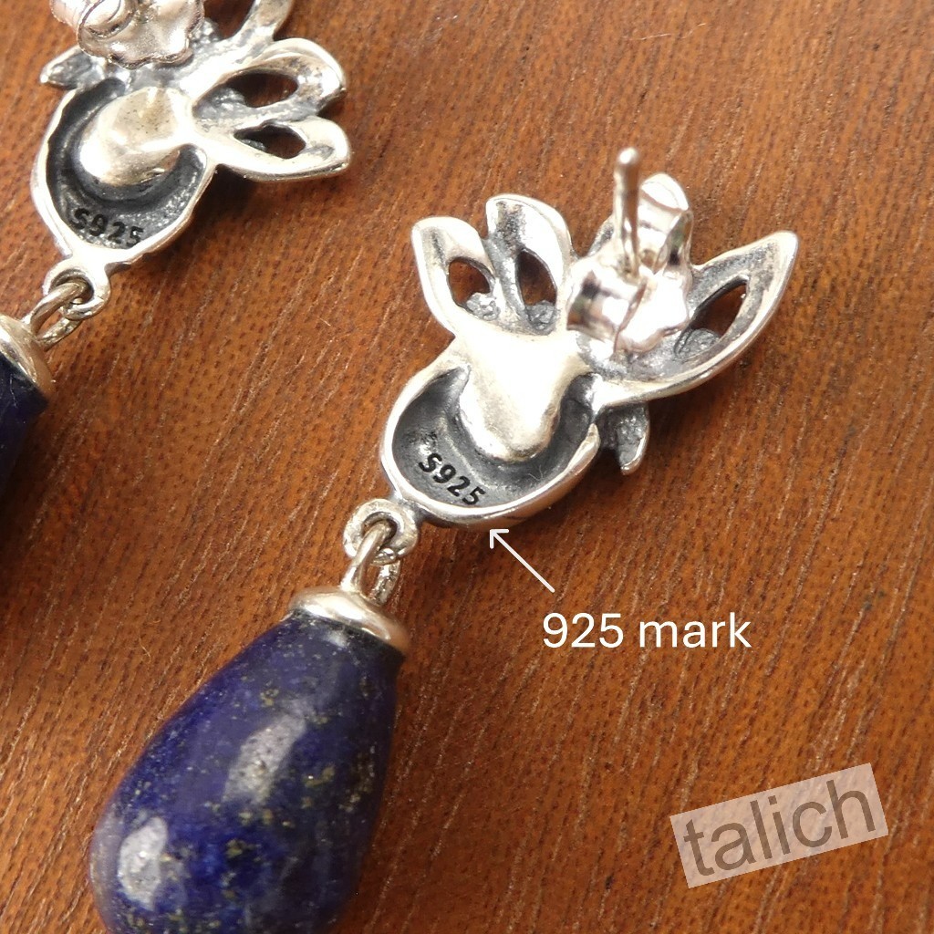 925 Sterling Silver Small Peacock Bird Earrings with Blue Lapis Bead Drop Unique