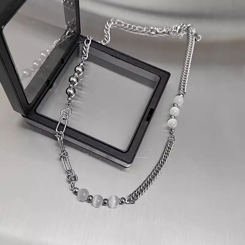 Silver Titanium Steel Alloy Spliced Chain Necklace Stone Beads Minimalist Street