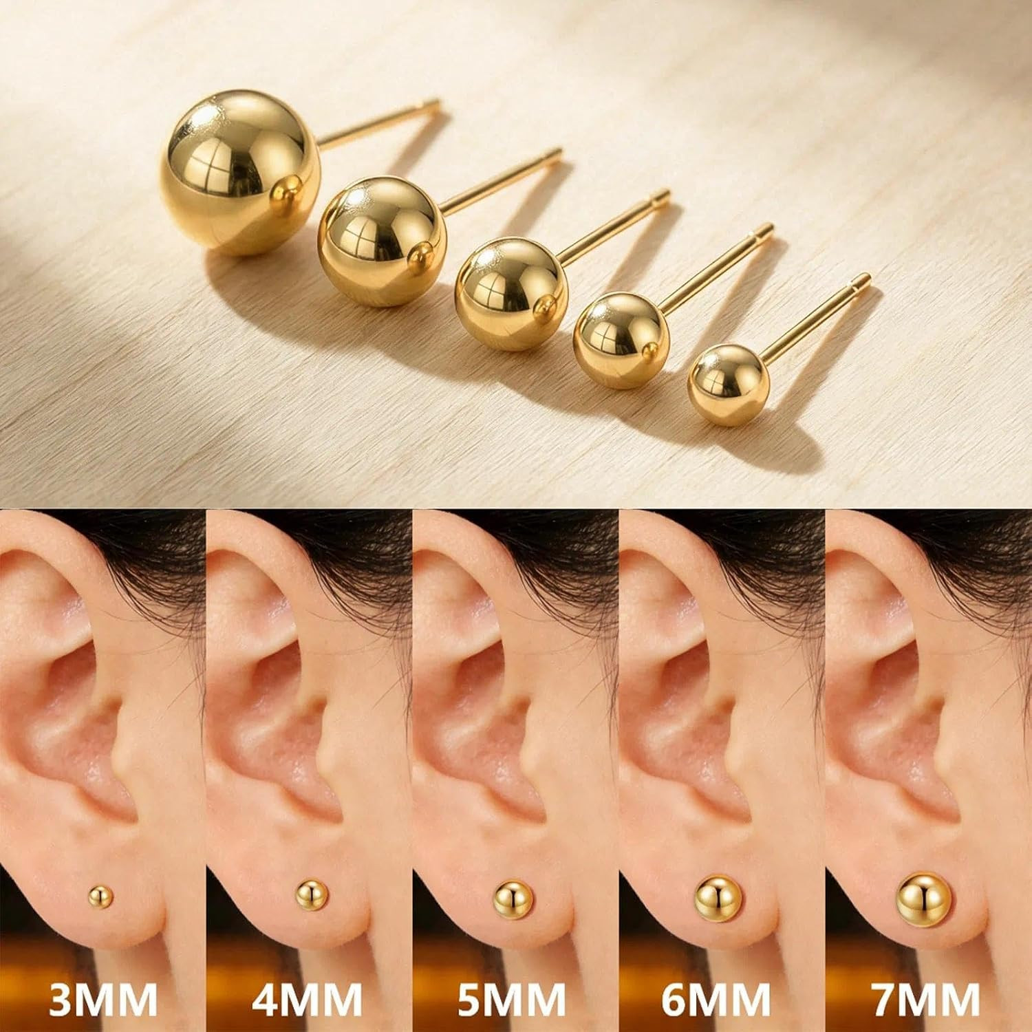 5 Pairs Stud Earrings for Women 14K Silver Gold Plated Studs 3-7MM Hypoallergeni