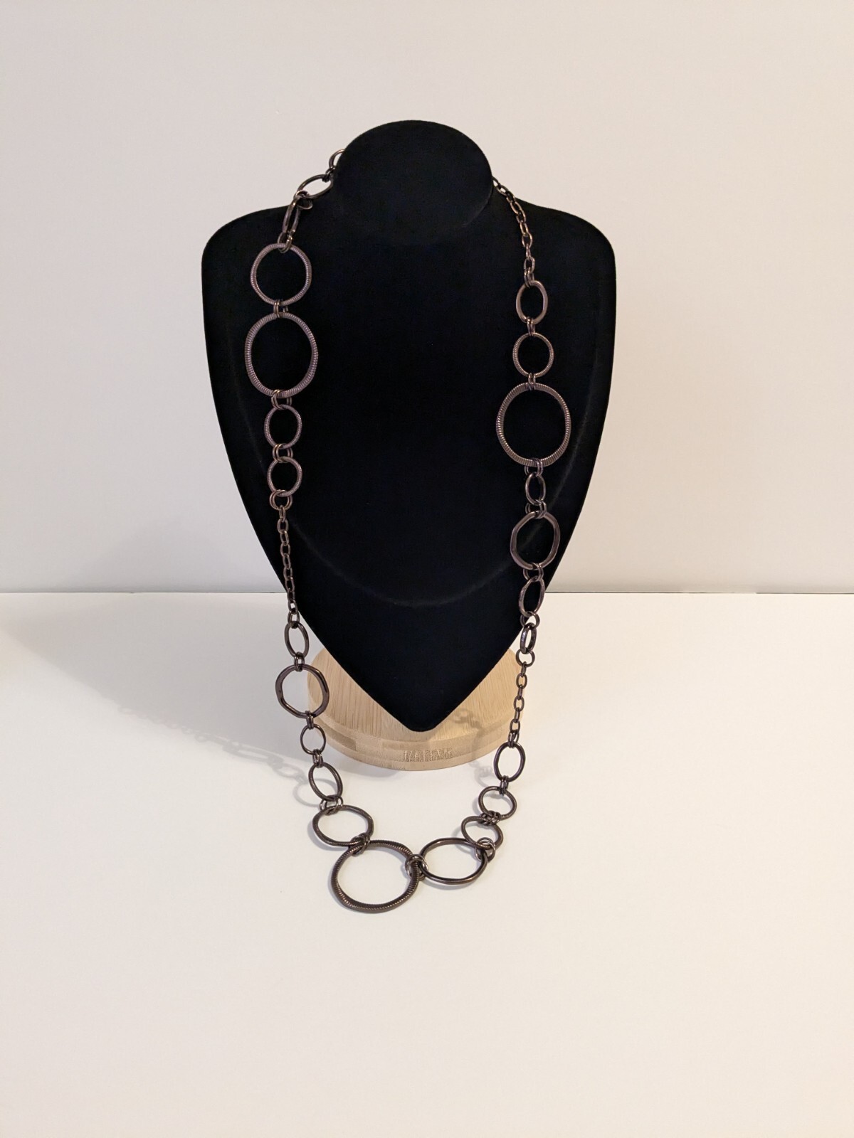Lia Sophia Bronze Tone Textured Various Size Round Links Necklace. 30″. BOHO.