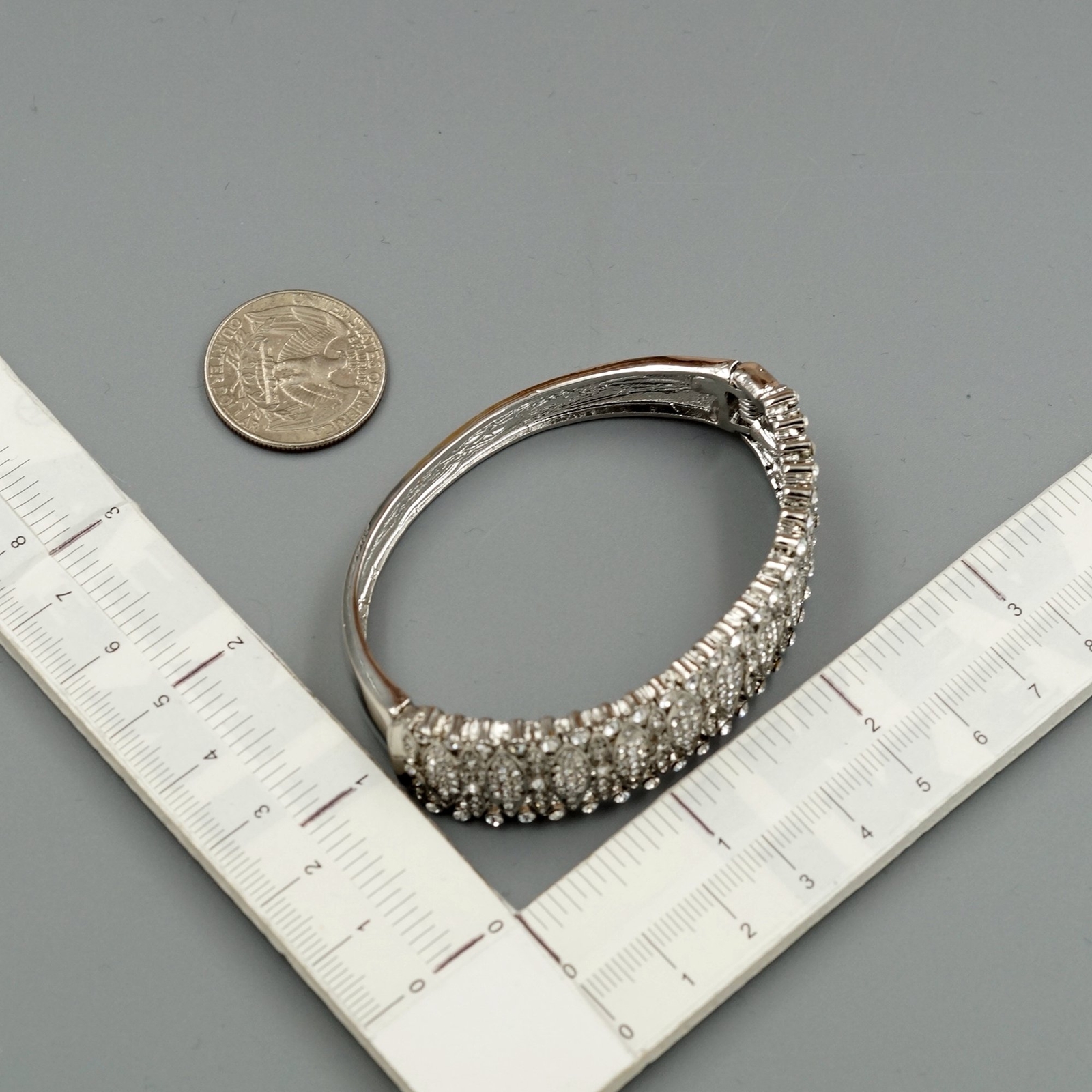 Women Rhodium Plated Clear Crystal Rhinestone Bangle Cuff Bracelet 00202