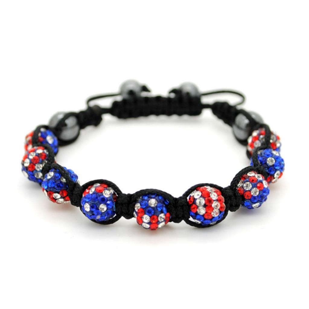 USA FLAG SHAMBALLA BEAD BRACELET 10mm Red White Blue Crystal US America Pride