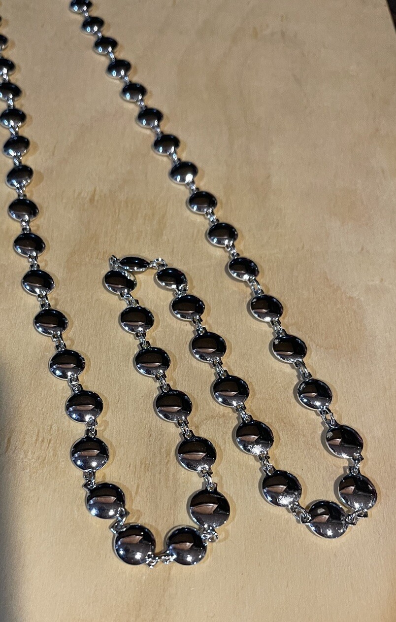 Silver Tone Round Flat Beaded Necklace 36 inches Lobster Claw Clasp