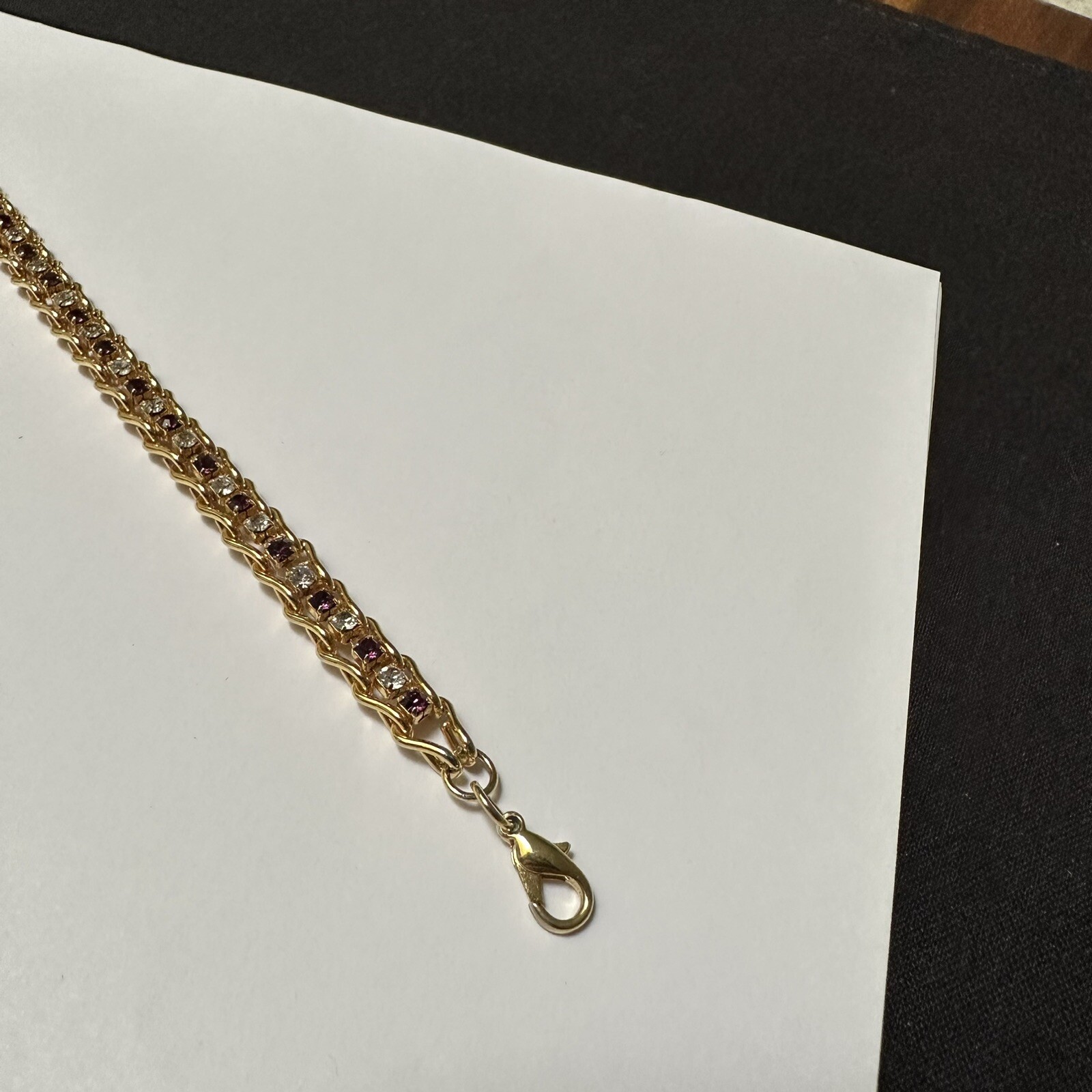 Women’s Gold Tone Purple / Clear Rhinestone Tennis Chain Bracelet 7 3/8 Inch