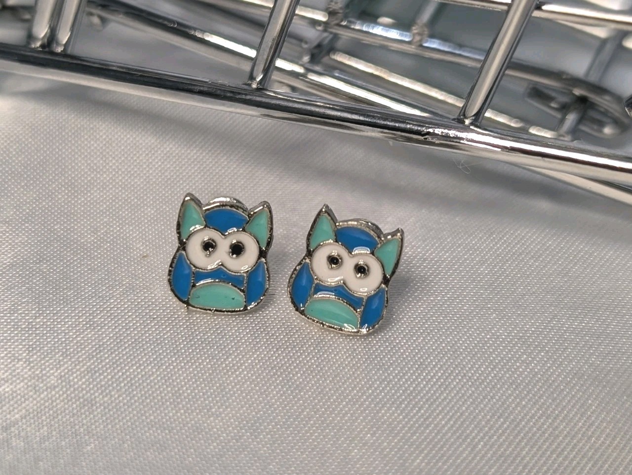 NEW Earrings Multi Blue Owl 🦉 Sterling Silver Studs Painted Fashion Earrings