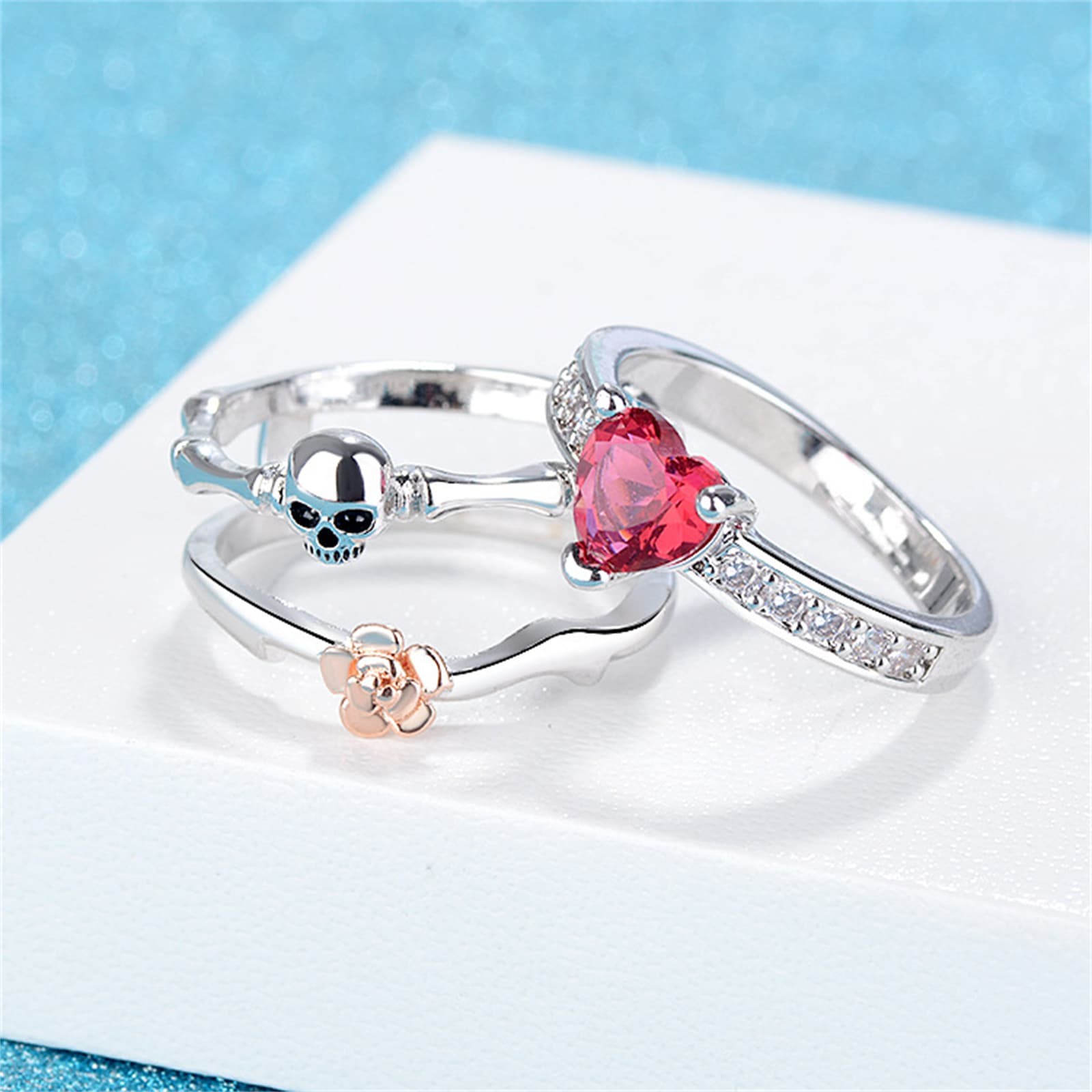 3-in-1 Women Gothic Punk Skull Cube Zirconia Ring Stainless Steel Stackable Ring