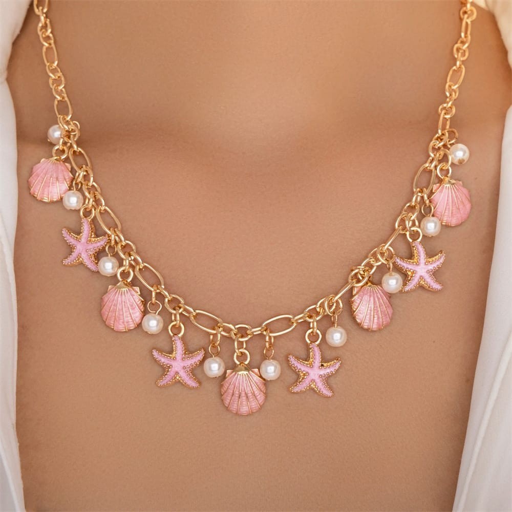 Starfish Shell Charm Choker Necklace Gold Tone Faux Pearl Beach Boho Women