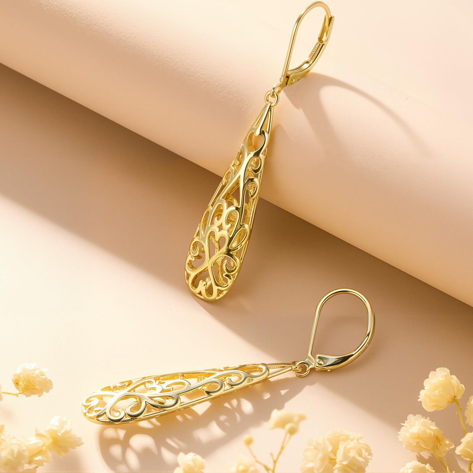 14K Gold Dangle Earrings for Women, Long Teardrop Dangling Leverback Earrings