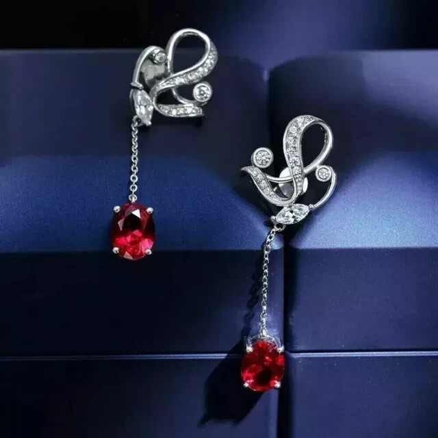 Simulated Red Ruby 2Ct Oval Cut Drop Dangle Earrings In 14K White Gold Plated