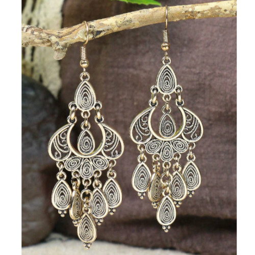 Bronze/Gold Teardrop Dangle Earrings ✨ Swirl Design 3″ Boho India Style Jewelry