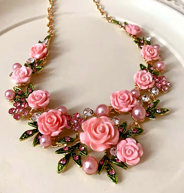 Pink ROSE Flowers PEARL Choker Rhinestone Betsey Johnson Necklace Earring SET