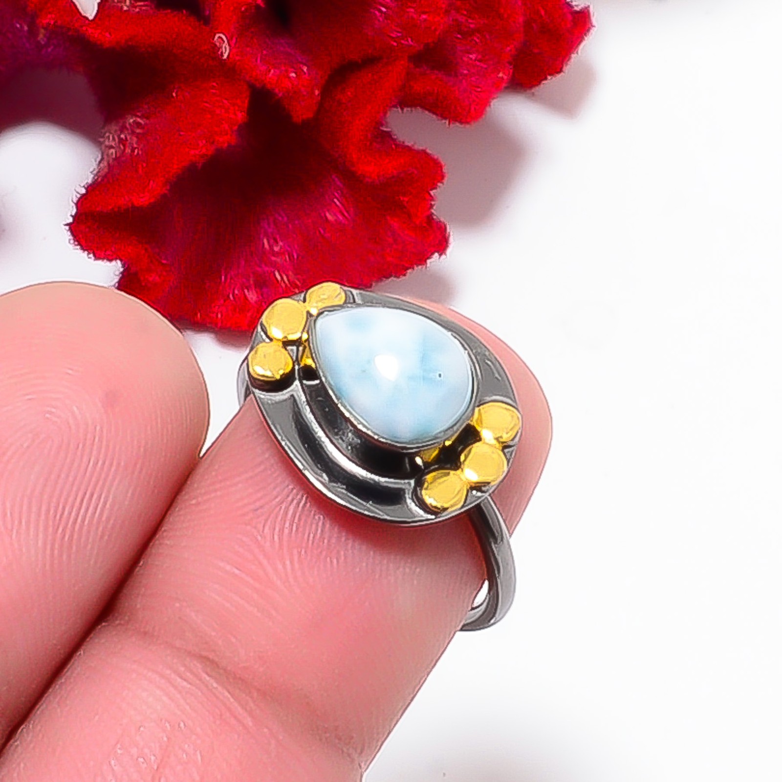 Larimar Black And Gold Plated 925 Sterling Silver Ring S.6 R84442