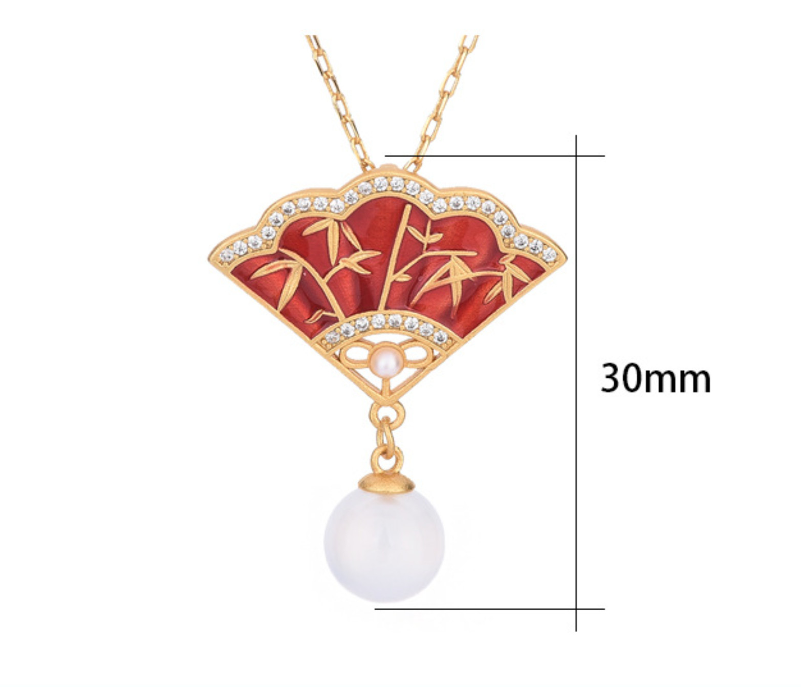 1.2″Jade Jewelry Cloisonne Fan Charm Pendant with Chain Necklace 18K Gold Plated