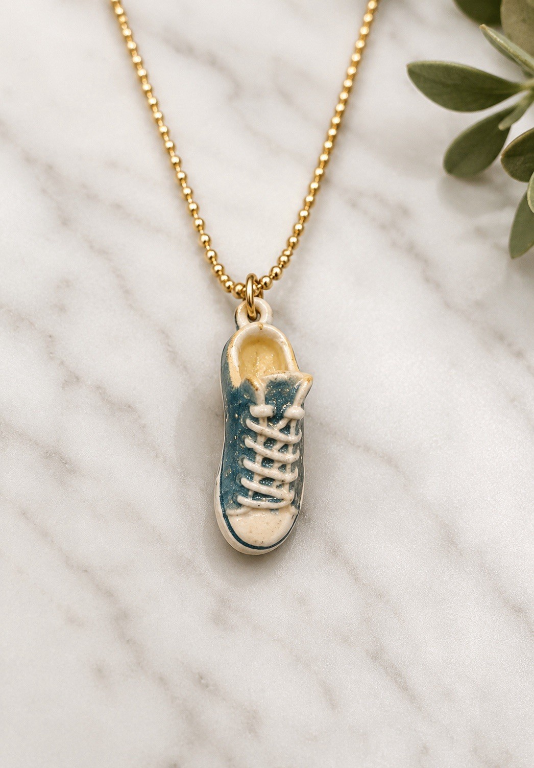 Blue Glitter Sneaker Pendant Necklace Cute Mini Tennis Shoe Charm Gold Tone