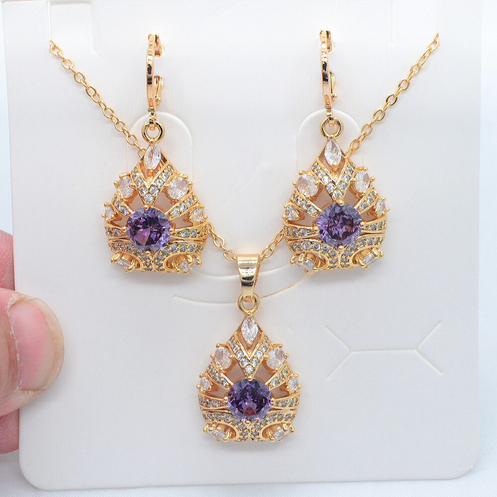 18K Yellow Gold Filled Green Topaz Water Drop Earrings & Pendant Jewelry Set
