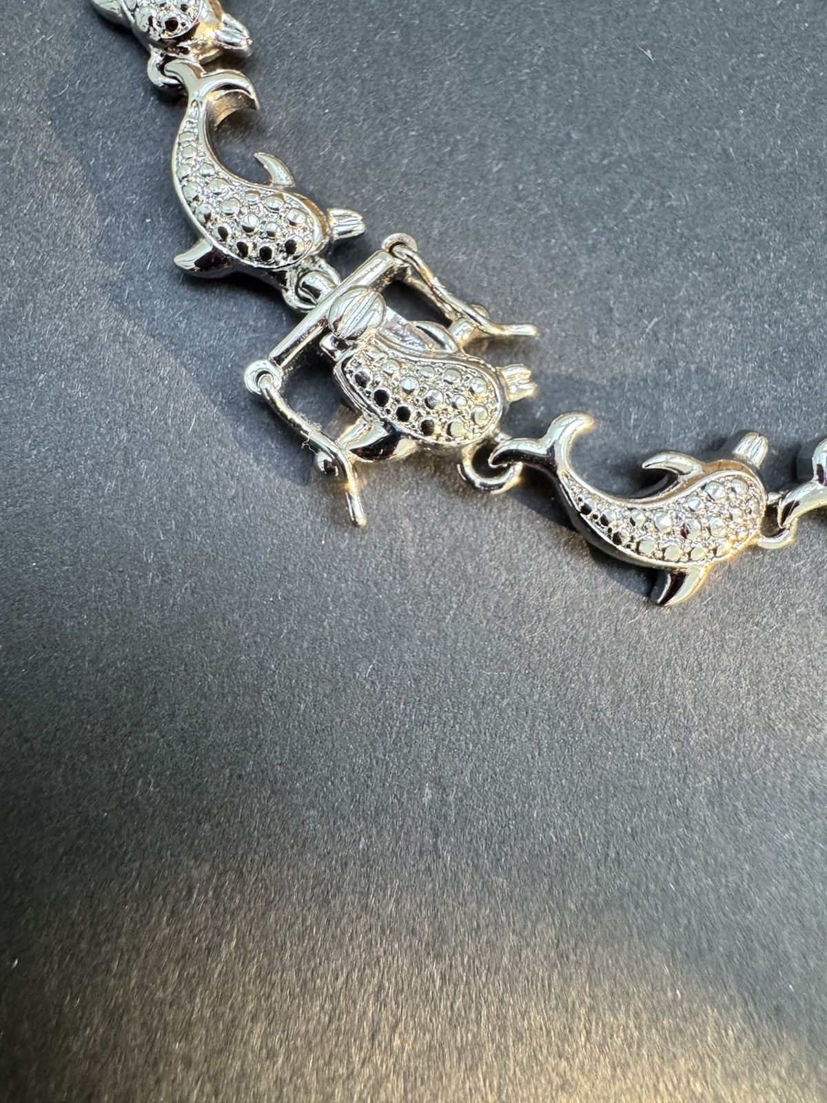 Vintage Silver Plated Dolphin bracelet with Genuine Diamond Accents 7.5 Inch