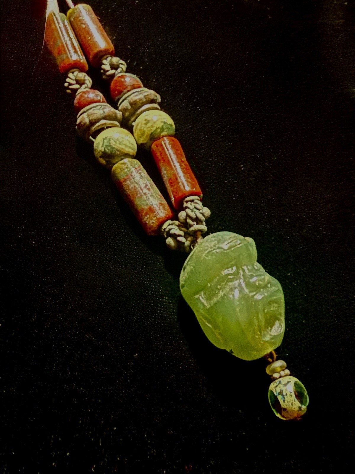 Jade Carved Charm Pendant Beaded Cord Necklace, Green Brown, Jasper Accent