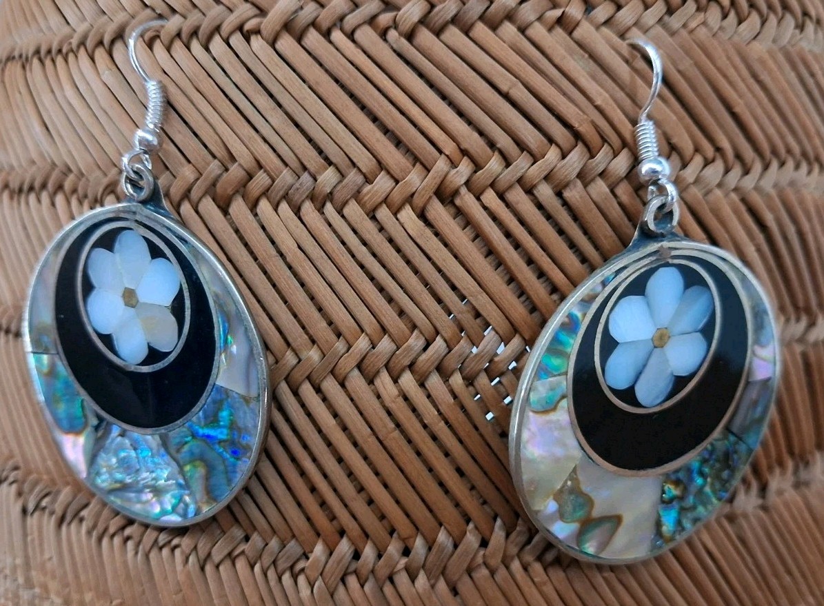 Mexico Alpaca Mother Of Pearl Abalone Dangle Earrings .925 Silver