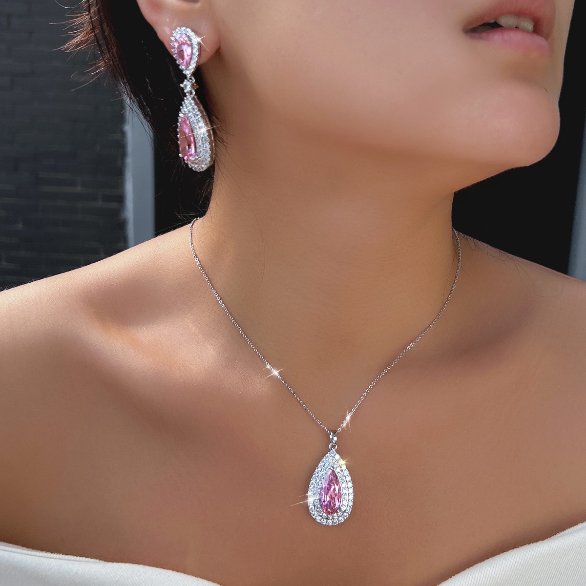 Silver Plated Long Teardrop Drop Earrings Necklace Women Zircon Jewelry Set Gift