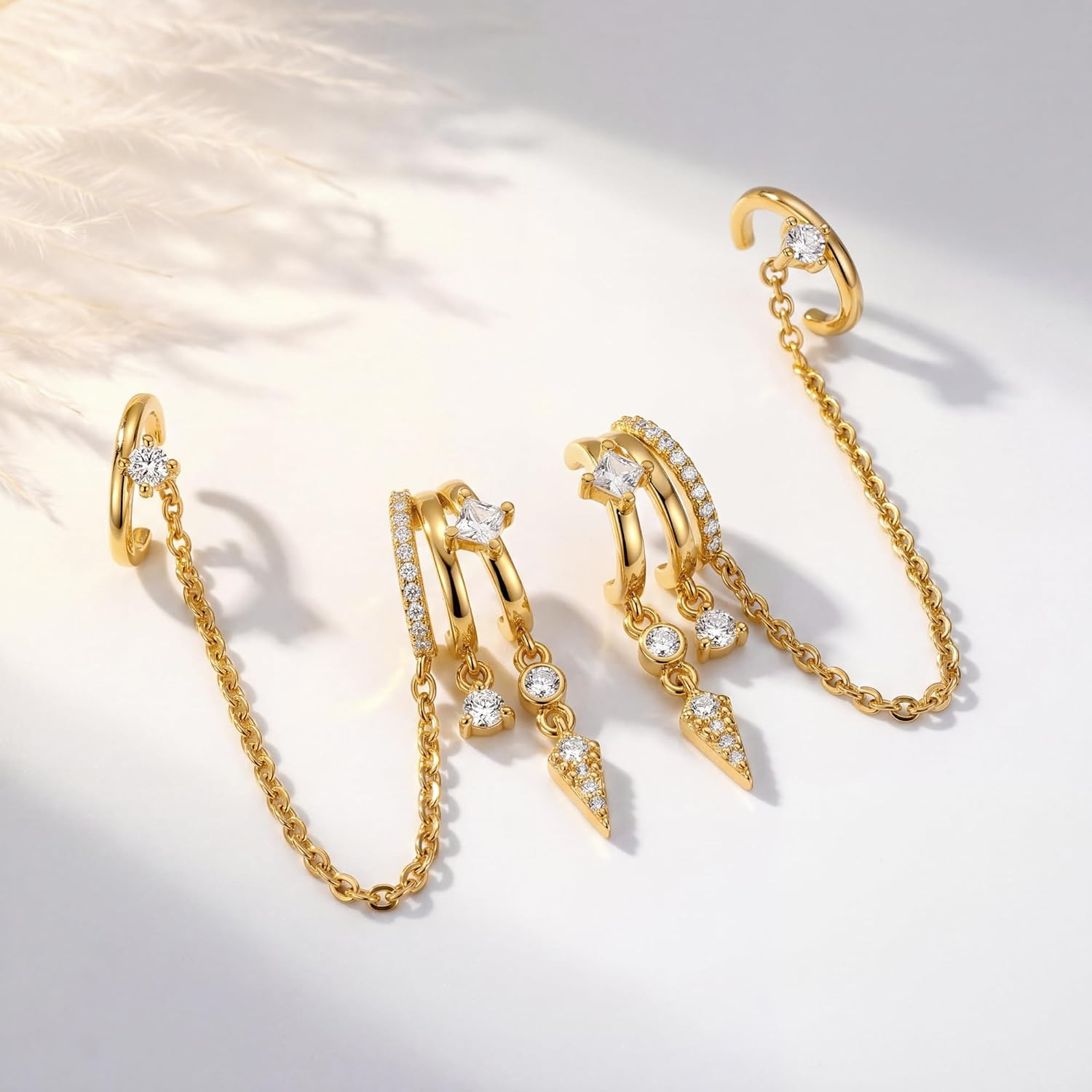 Triple Huggie Stacked Earrings for Women Gold Chain Drop Dangle Earrings Cute St