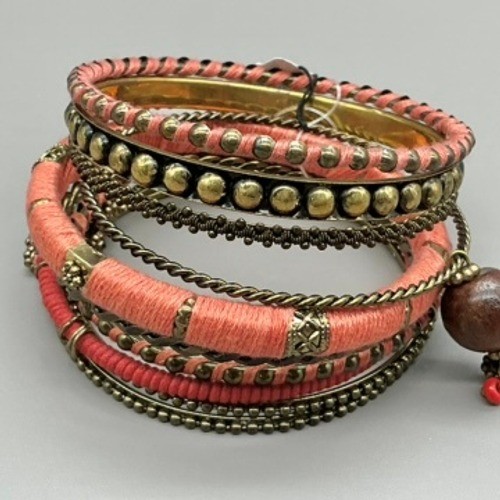 Chico’s Bracelet Women Pink Boho Stacked Bangle Set Beaded Thread Wrapped 8 In