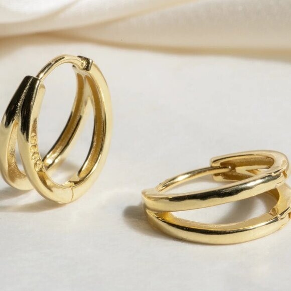 Gold Huggie Earrings Double Hoop Small Thick 18K Gold Huggies For Everyday Wear