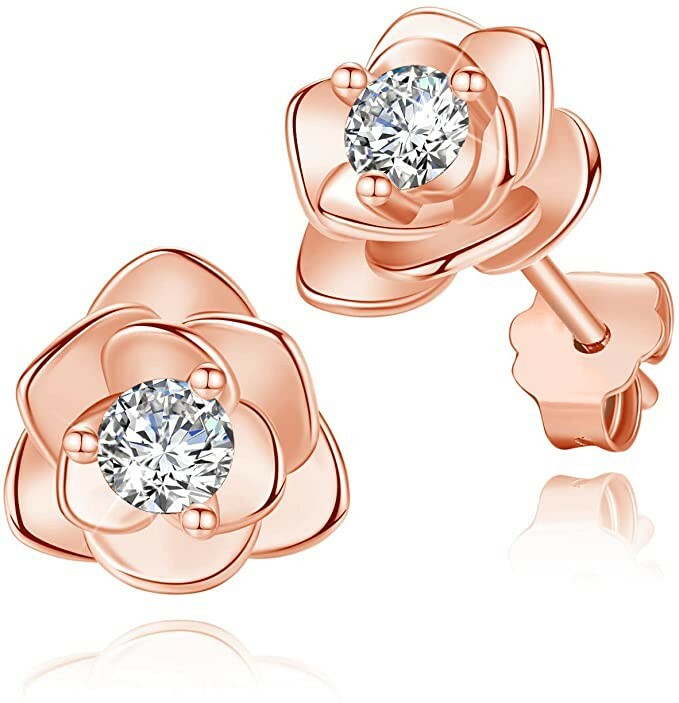 18k Rose Gold Plated CZ Stone Flower Stud Earrings Jewelry Gift For Women
