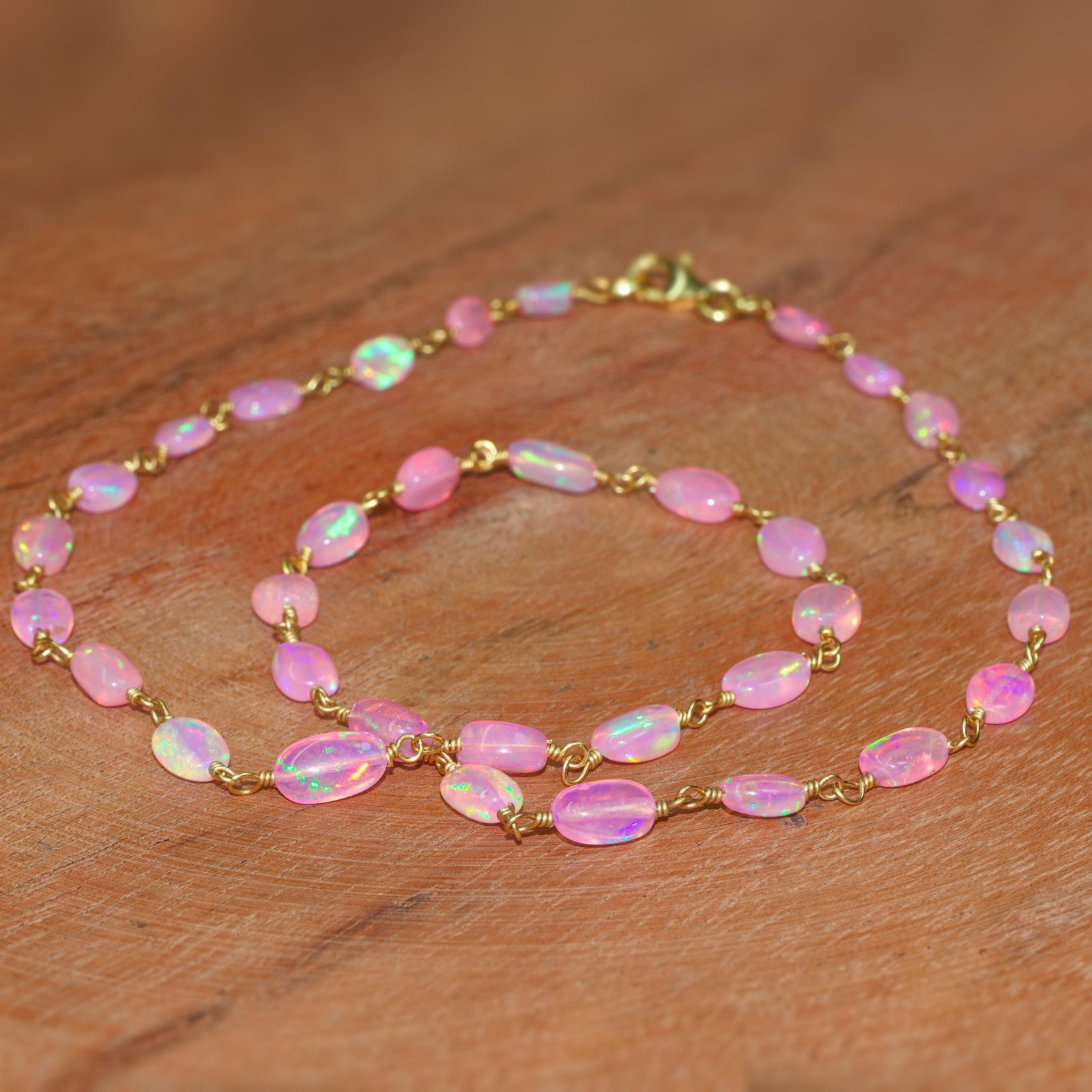 Genuine Pink Opal Tumble Beads Wire Wrap Necklace, Delicate Ethiopian Opal Beads