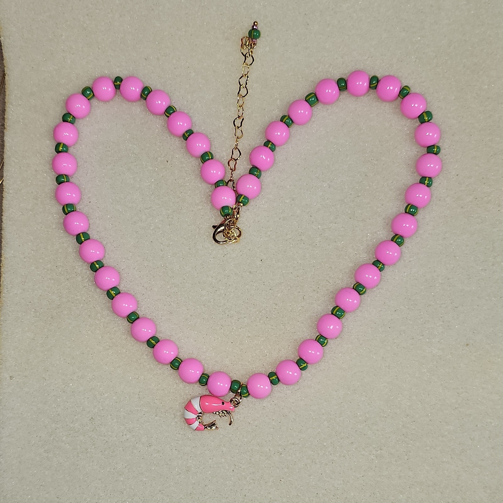 Pink Glass Beaded Necklace w/ Enamel Shrimp Charm Lobster Clasp Adjustable Ext