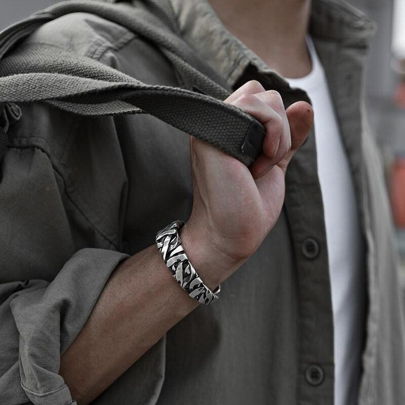 Men Wide Bracelet Retro Silver Twisted Adjustable Wrist Bangle Cuff Bracelet