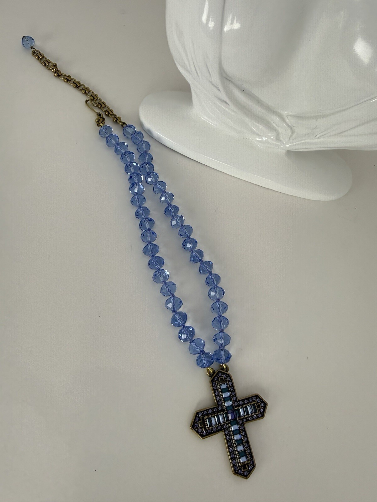 Heidi Daus Blue Purple Crystal Beaded Cross Pendant Necklace