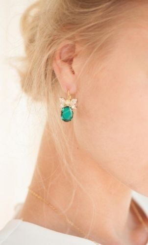 Oval Cut Simulated Green Emerald Women’s Drop Earrings In 14k Yellow Gold Plated