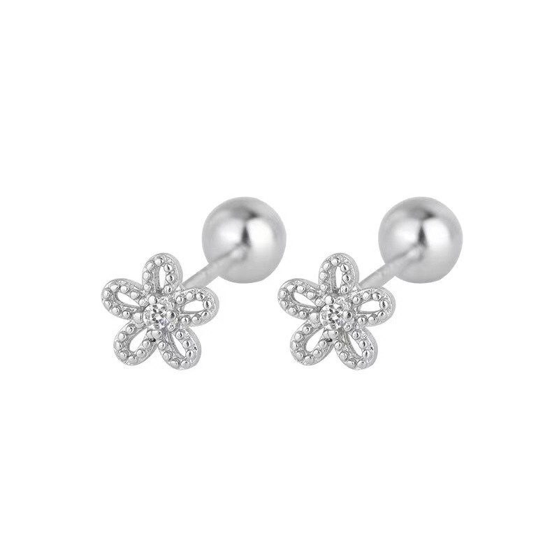 Women Small Silver Flower Screw Back Stud Earrings Girls Jewelry Gift For Her