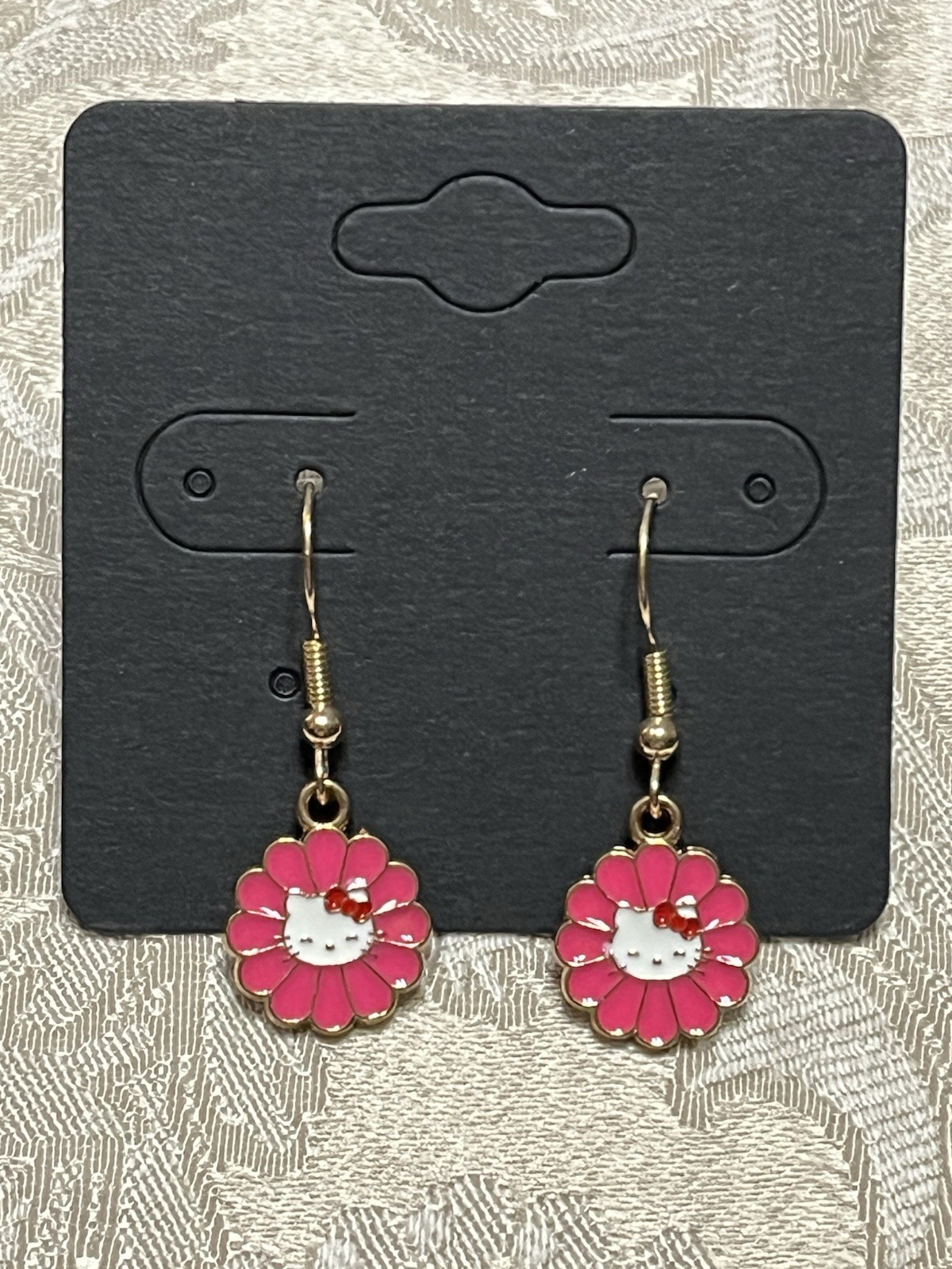 Hello Kitty Pink Flower Gold Dainty Drop Dangle Adorable Fashion Fun Earring Set