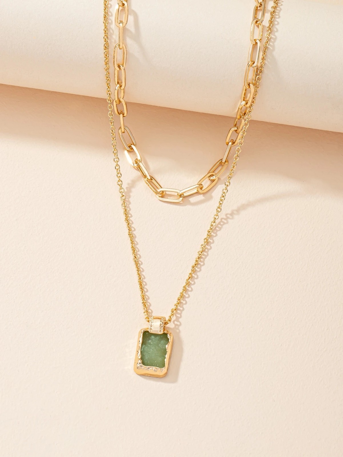 Layered Druzy Stone Pendant Necklace Gold Plated Stainless Steel Boho Women