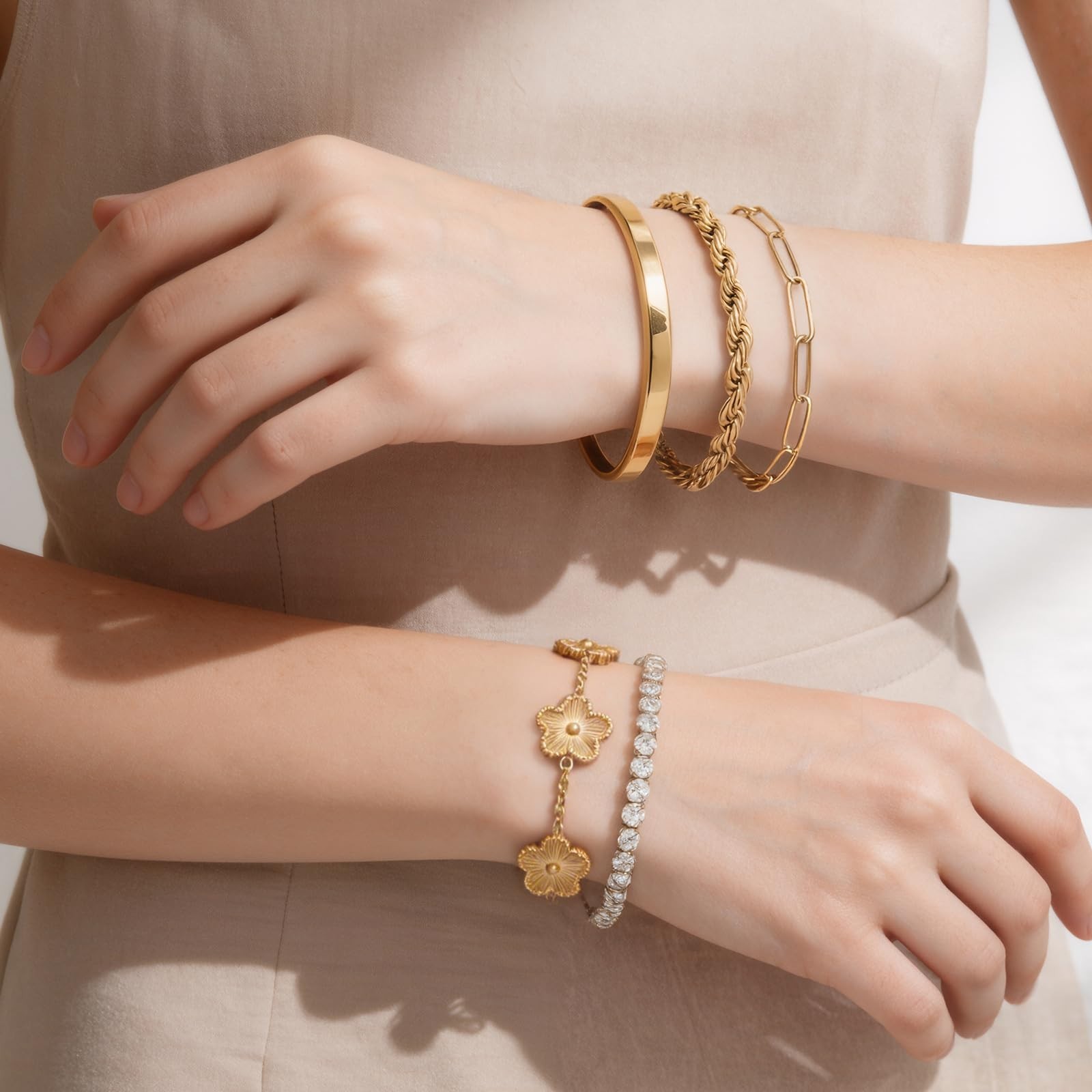18K Gold Plated Women’s Bracelet Set – Waterproof, Non-Tarnish, Chunky & Floral