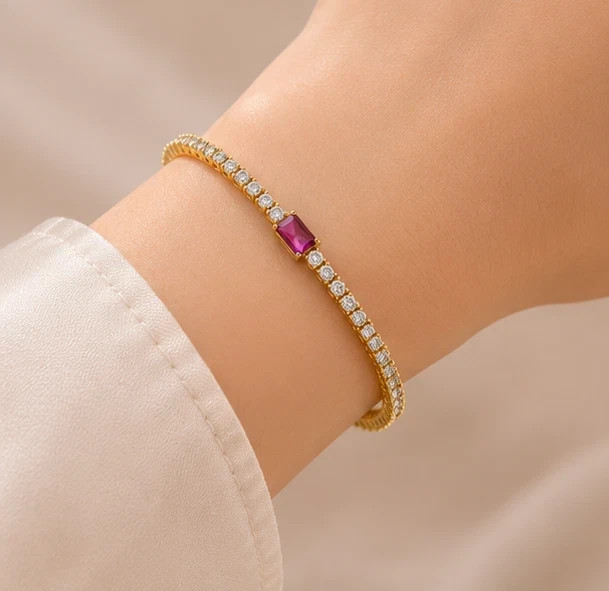 10 Ct Emerald Cut Simulated Pink Sapphire Tennis Bracelet 14K Yellow Gold Plated