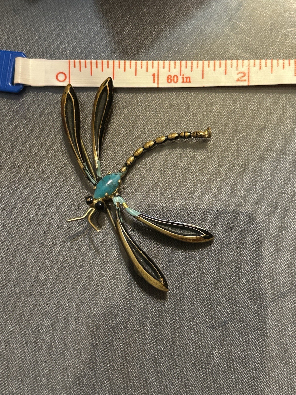 Vintage Art Nouveau Style Gold Tone Enamel Dragonfly Brooch fauxTurquoise