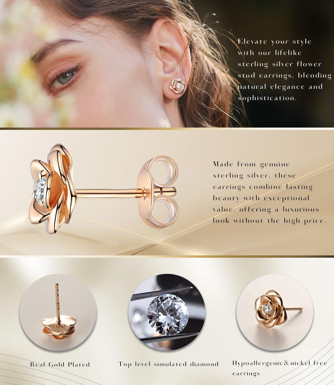 Gold Plated Sterling Silver Rose Flower Earring Studs, Hypoallergenic & Nickel F